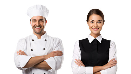 arms crossed chef and waitress showing pride in his profession or job portrait PNG, a professional chef with a uniform photo or image isolated on a transparent background - obrazy, fototapety, plakaty