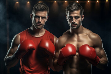 Two professional muscular boxers in boxing gloves on a dark background