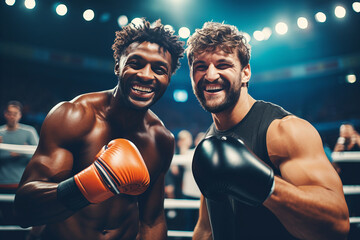 Fototapeta na wymiar Two professional smiling muscular boxers wearing boxing gloves before a fight in the ring