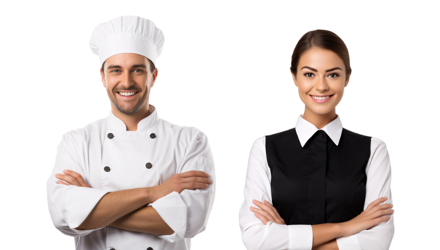 arms crossed chef and waitress showing pride in his profession or job portrait PNG, a professional chef with a uniform photo or image isolated on a transparent background