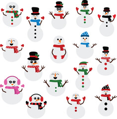 Snowmans collection in flat style. Vector illustration.
