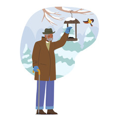 Old Man Tenderly Feeds Birds At A Birdhouse In The Winter Chill, His Kind Eyes Reflecting Warmth, Vector Illustration
