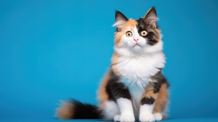Fluffy kitty looking at camera on blue background, front view. Cute young long hair calico or torbie cat sitting in front of colored background with copy space generative ai