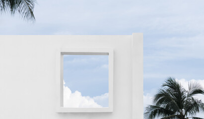 Exterior White Wall concrete texture with open window frame against blue sky and clouds,Architecture cement house, Minimal Modern building with summer sky and palm leaves tree