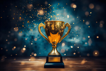 Gold winner cup trophy on dark background under spotlights with abstract shiny gold and blue lights - obrazy, fototapety, plakaty