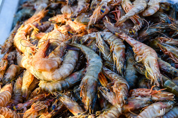 Raw shrimps for sale at the street market