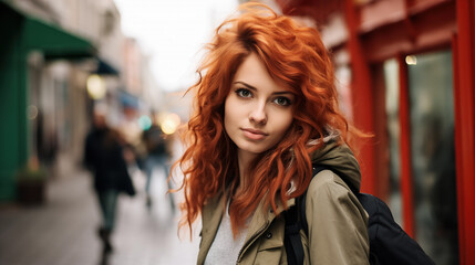 Young Female Redheaded Backpacker on the Streets of Ireland