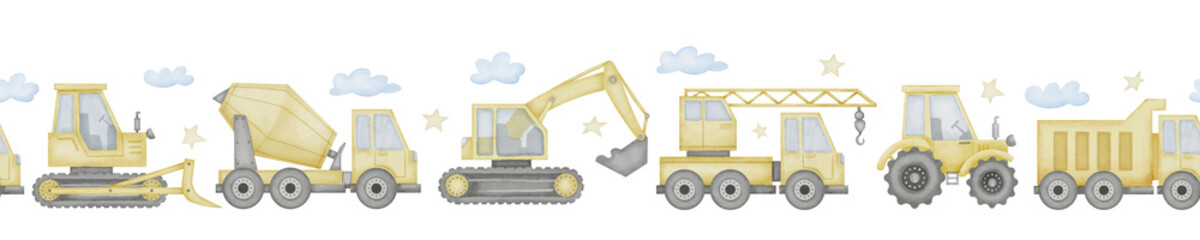 Truck Border Watercolor illustration. Seamless pattern of a toy car for a baby. Hand drawn clipart set on isolated background. For boys nursery wall art. Drawing of transport for frames and fabrics.