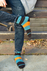 Men's feet in   winter  warm socks  outdoor