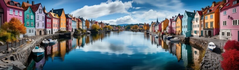 Large panoramic image of a colorful place with buildings, river and reflection in the water.