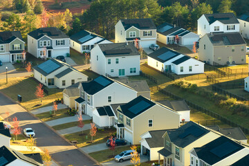 View from above of densely built residential houses in living area in South Carolina. American dream homes as example of real estate development in US suburbs