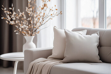 Modern scandinavian minimal style interior with sofa and pillows, Home staging and minimalism concept.