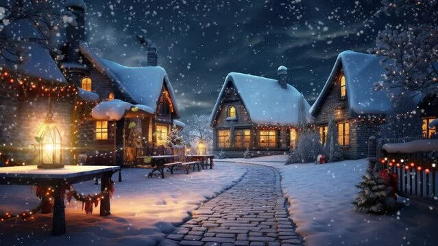 christmas decoration in the village in the snowfall with cartoon style. seamless looping time-lapse virtual video animation background.