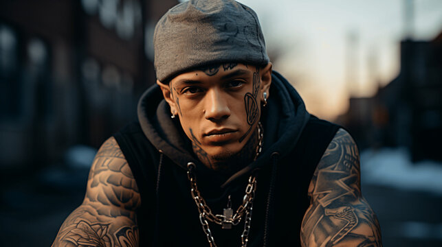 Tattoo Man face, rapper style.