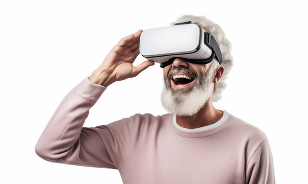 Senior man using virtual reality headset. VR, future, gadgets, technology concept