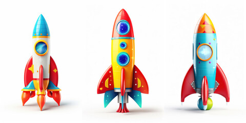 Set of colorful rockets toys on white background