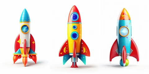 Foto op Aluminium Ruimteschip Set of colorful rockets toys on white background