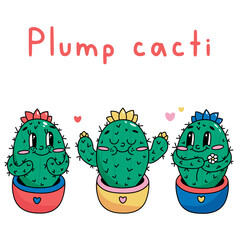 Clipart set of cute cacti characters in a pot