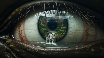 dentro dos olhos vista natural de cachoeira , conceito de amor a natureza e ao planeta 
