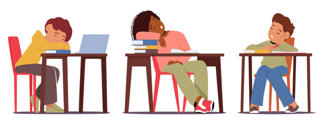 Exhausted Students Sprawl Across Desks, Their Weary Faces Pressed Into Open Textbooks. Pencils And Notebooks Surround - obrazy, fototapety, plakaty