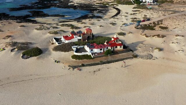 Panoramic view of El Cotillo city in Fuerteventura, Canary Islands, Spain. Scenic colorful traditional villages of Fuerteventura, El Cotillo in northen part of island. Canary islands of Spain.