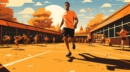 Man doing exercises training at gym. Sporty people working out. Sport, workout, run and fitness. Cartoon illustration - obrazy, fototapety, plakaty
