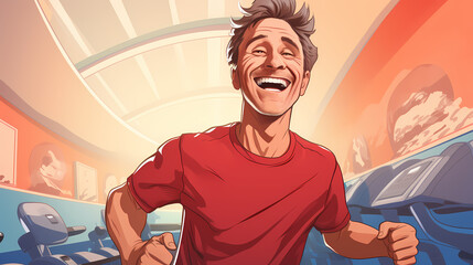 Man doing exercises training at gym. Sporty people working out. Sport, workout, run and fitness. Cartoon illustration