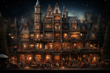 Fototapeta na wymiar christmas fantasy castle market place full of people lights in the dark Christmas mood