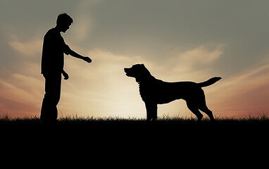 adestrador de cães treinando cão em pôr do sol inspirador 
