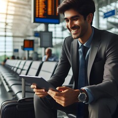 Businessman waiting for flight terminal, using tablet to work, smiling - obrazy, fototapety, plakaty
