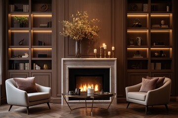 Fototapeta premium Luxurious and Sophisticated Living Room with Stunning Marble Wall Fireplace and Stylish Bookcase