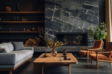 Luxurious and Sophisticated Living Room with Stunning Marble Wall Fireplace and Stylish Bookcase