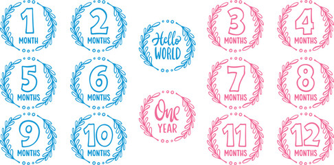 Baby age milestone patches collection. Newborn clothes print design. Hand drawn vector illustration.