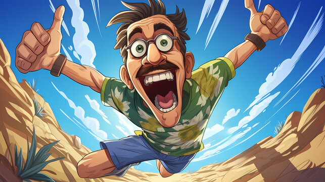 Happy young man running so fast on ocean beach, illustration of beautiful sunny day sport outdoor