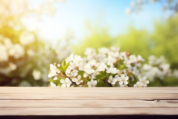 Bright image of empty wooden tabletop with blurred spring background
