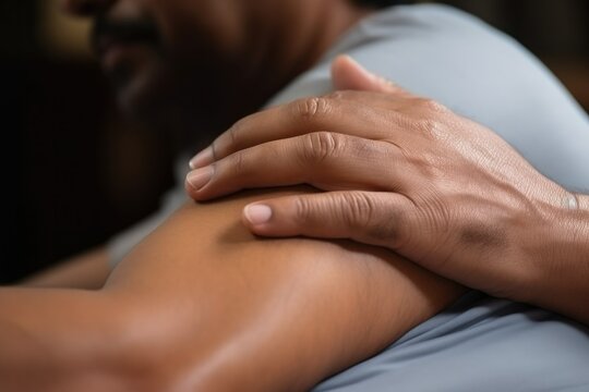 Close up of therapist of hand massaging shoulder squeezing shoulder , Generative Ai