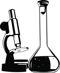 Cartoon Black and White Isolated Illustration Vector Of A Binocular Microscope with Lab Glassware