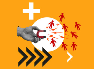 A hand with a magnet attracts figures. Retaining employees or attracting customers. Modern collage.