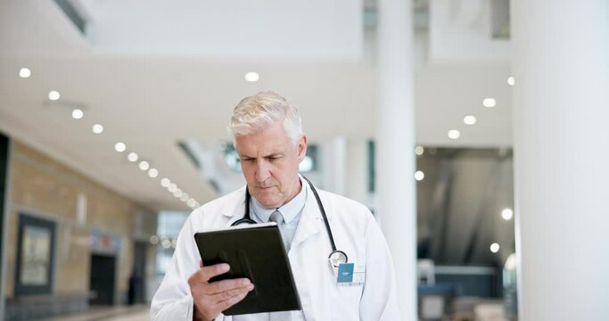 Doctor, tablet and man with healthcare ideas, thinking of management and software solution in hospital. Professional senior or medical person on digital tech for clinic schedule or service inspection