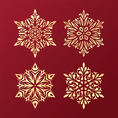 Golden hand drawn snowflakes set. Festive decorative ornaments. Vector vintage illustration.