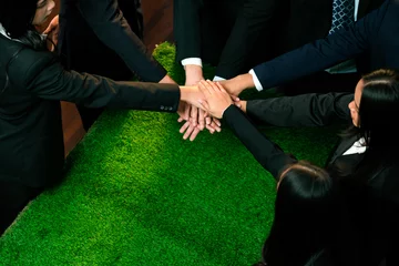  Business synergy of business people holding hand together as team building for eco regulation for environmental protection by reducing CO2 emission to contribute sustainable future. Quaint © Summit Art Creations