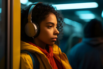 African woman listening to music on headphones. Neural network AI generated art