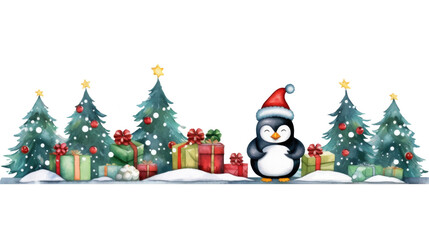watercolor Pinguins in christmas forest, png
