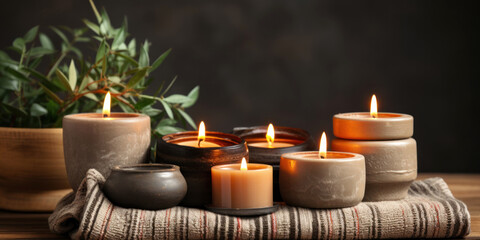 composition with natural wax candles on an old vintage mat, banner with copy space