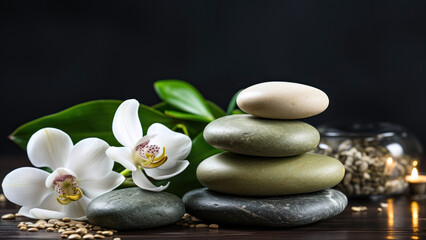 spa composition with massage stones and white orchid flowers