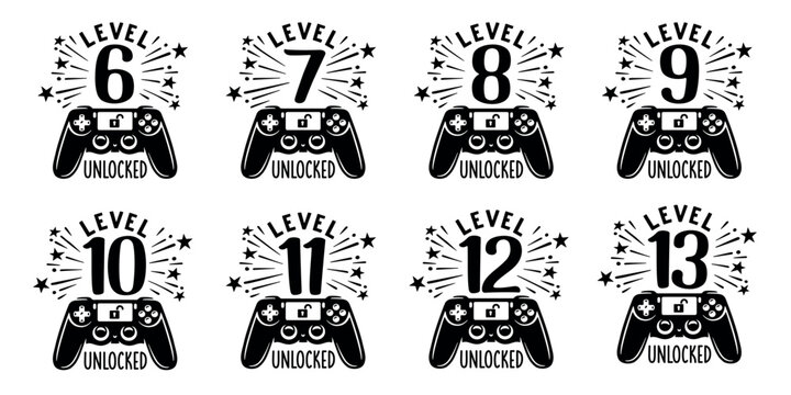 Level unlocked kid birthday t-shirt print set. Gamepad joystick with child age from 6 to 13 years. Hand drawn vector illustration.