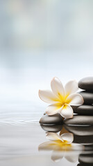 Fototapeta na wymiar Plumeria flowers and pebble stones on water reflection surface for spa and relaxation backgrounds 