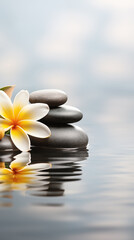 Plumeria flowers and pebble stones on water reflection surface  for spa and relaxation backgrounds	