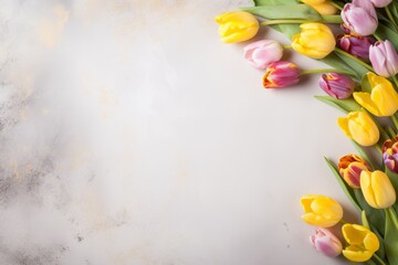multicolored tulips on a light gray background with a golden haze. pattern. flat styling style