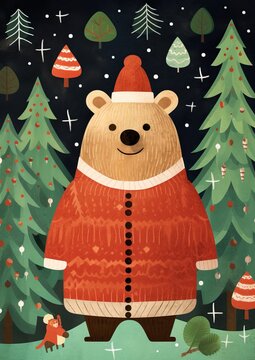 Delightful Children's Christmas card illustration featuring an adorable bea